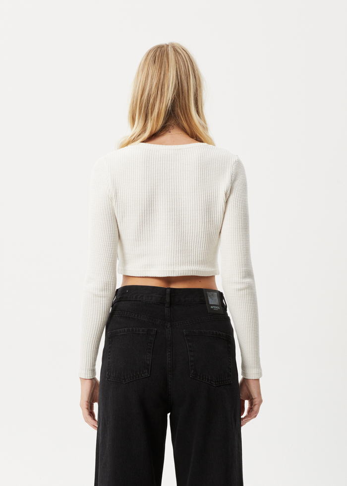 AFENDS Womens Ari - Waffle Long Sleeve Cropped Top - Off White - Streetwear - Sustainable Fashion