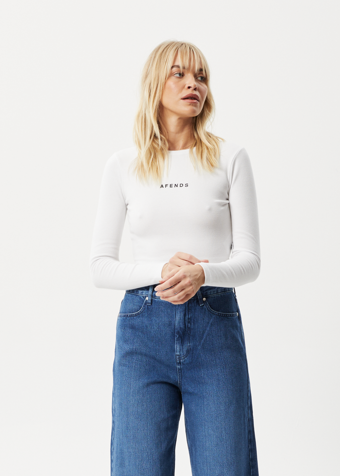 Afends Womens Boundless - Recycled Ribbed Cropped Long Sleeve Top - White - Streetwear - Sustainable Fashion