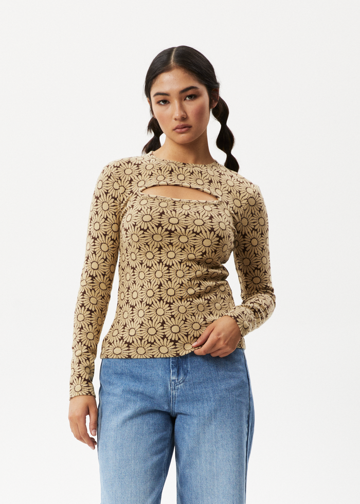 Afends Womens Daisy - Long Sleeve Cut Out Top - Toffee - Streetwear - Sustainable Fashion