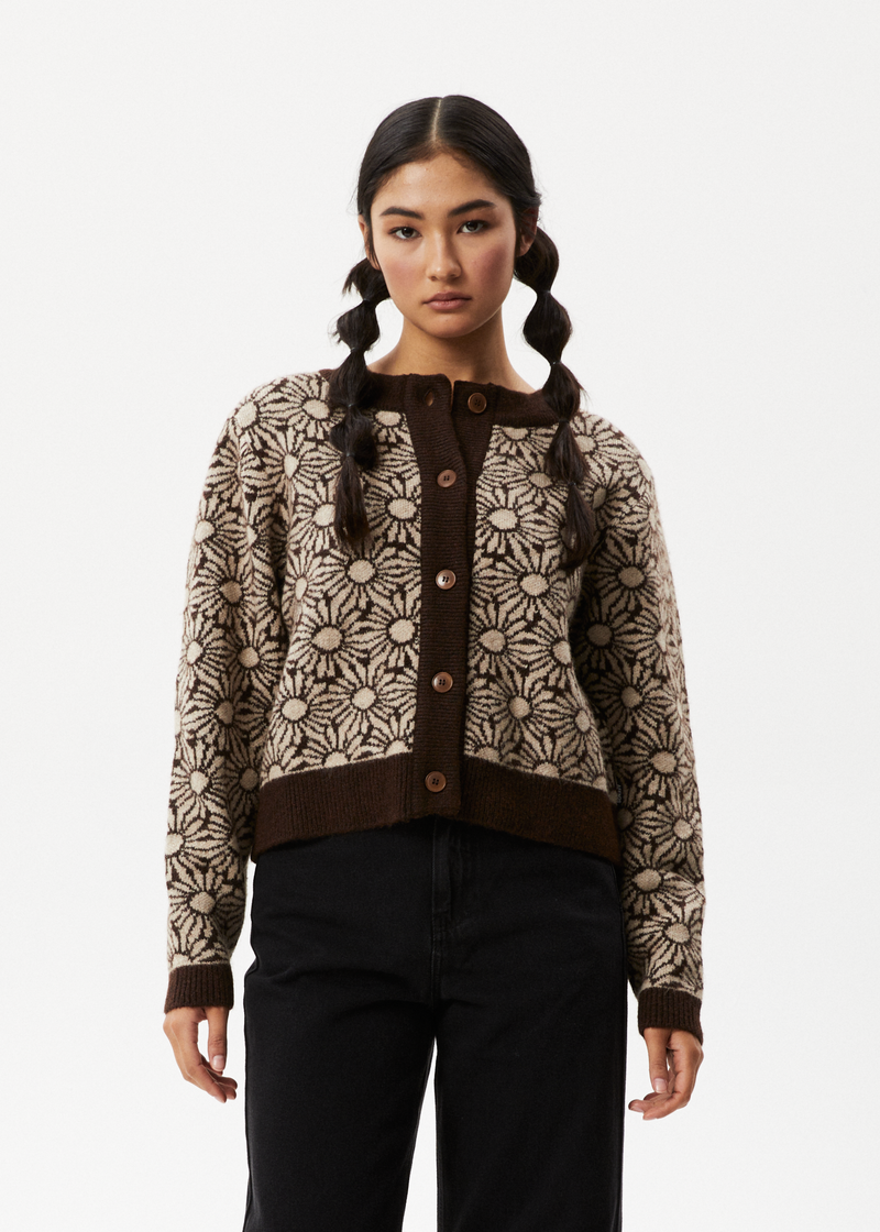 Afends Womens Dandy - Floral Knitted Cardigan - Toffee
