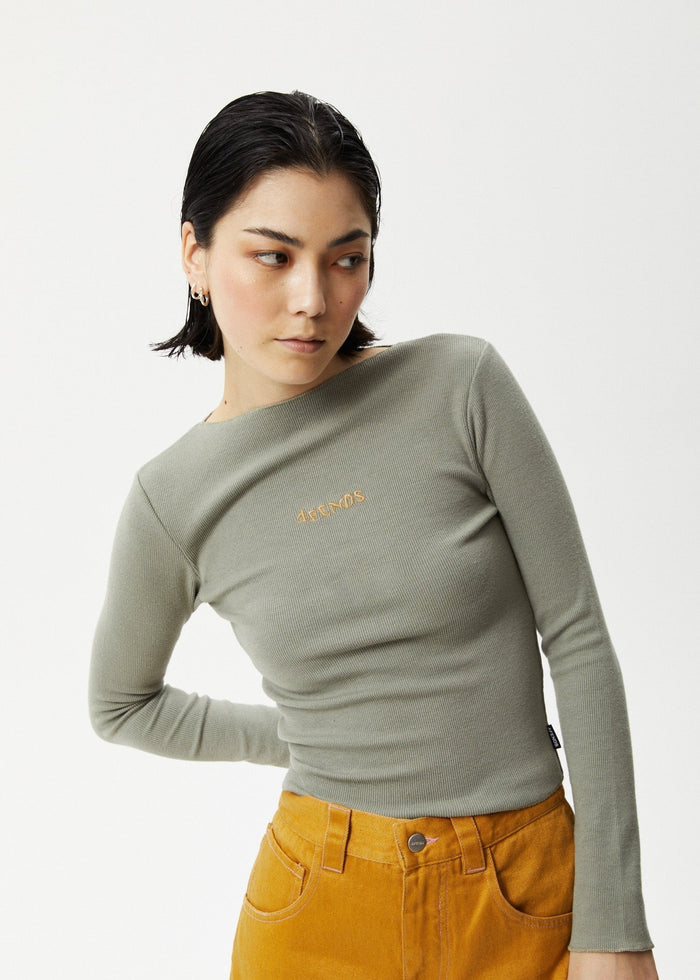 Afends Womens Day Dream Peony - Ribbed Long Sleeve Top - Olive - Streetwear - Sustainable Fashion