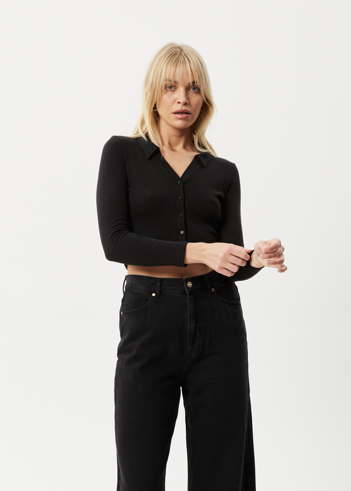 Afends Womens Eliza - Hemp Ribbed Long Sleeve Shirt - Black - Streetwear - Sustainable Fashion