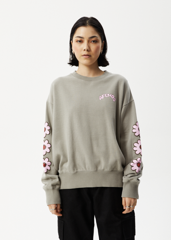 Afends Womens Flower - Crew Neck Jumper - Olive - Streetwear - Sustainable Fashion
