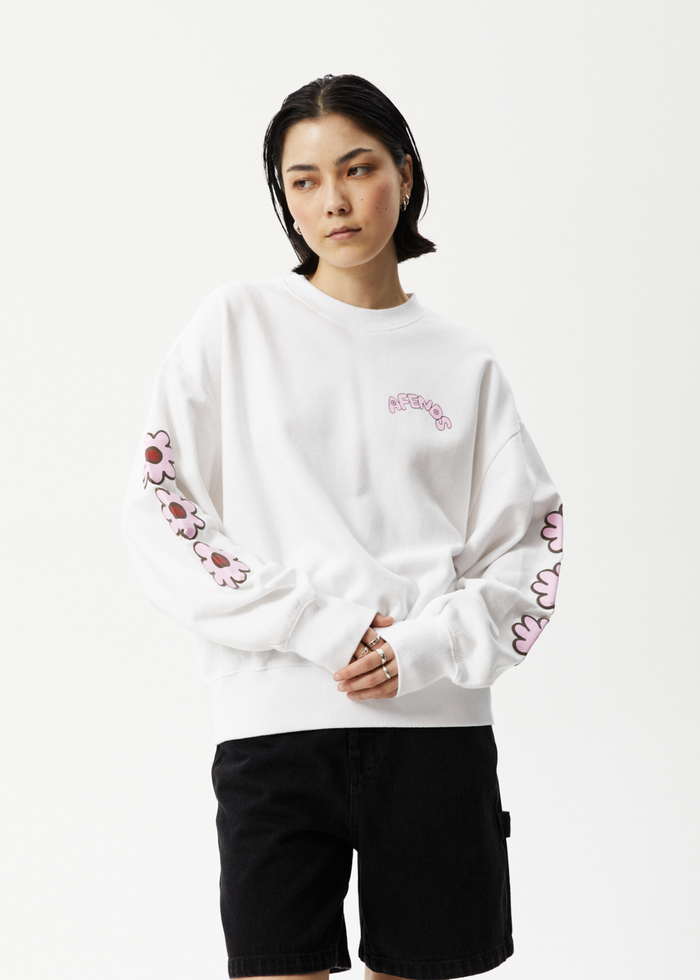Afends Womens Flower - Crew Neck Jumper - White - Streetwear - Sustainable Fashion