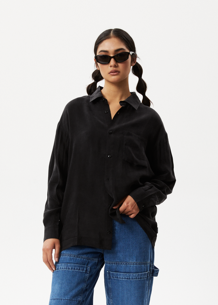 Afends Womens Gemma - Cupro Long Sleeve Shirt - Black - Streetwear - Sustainable Fashion