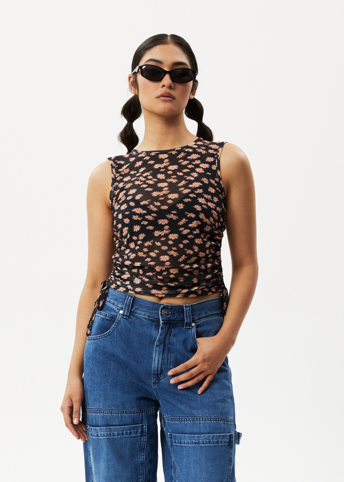 Afends Womens Hazey - Sheer Gathered Cropped Top - Black Floral - Streetwear - Sustainable Fashion