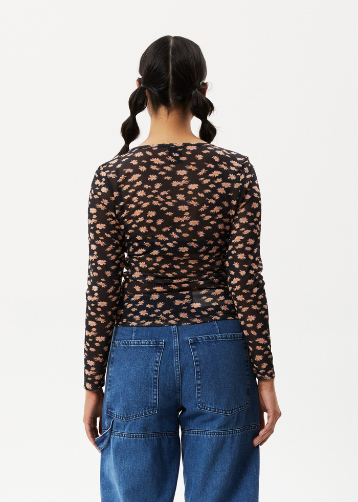Afends Womens Hazey - Sheer Long Sleeve Top - Black Floral - Streetwear - Sustainable Fashion