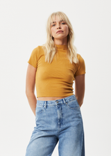 Afends Womens Iconic - Hemp Ribbed T-Shirt - Mustard - Afends womens iconic   hemp ribbed t shirt   mustard   streetwear   sustainable fashion