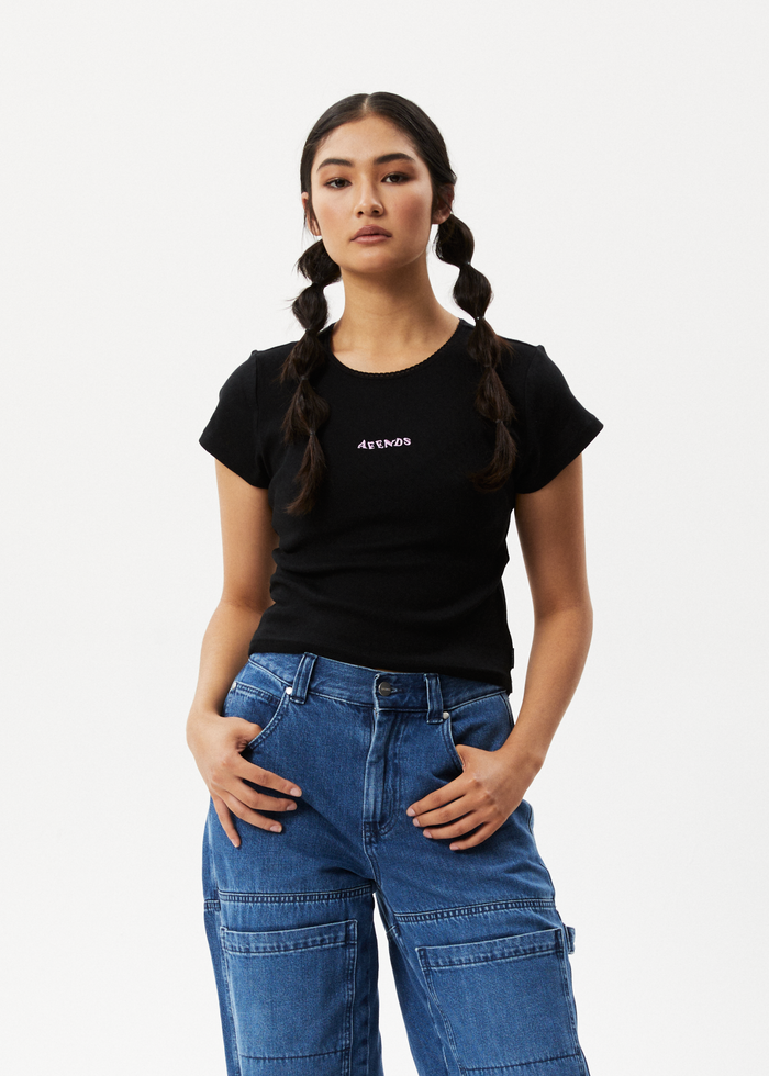 AFENDS Womens Lilah - Pointelle Baby T-Shirt - Black - Streetwear - Sustainable Fashion