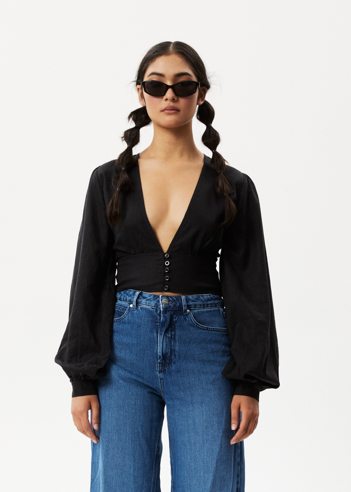 Afends Womens Lilo - Long Sleeve Button Up Top - Black - Streetwear - Sustainable Fashion