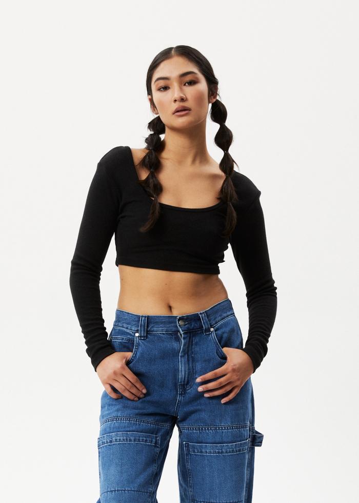 Afends Womens Milla - Hemp Ribbed Long Sleeve Cropped Top - Black - Streetwear - Sustainable Fashion