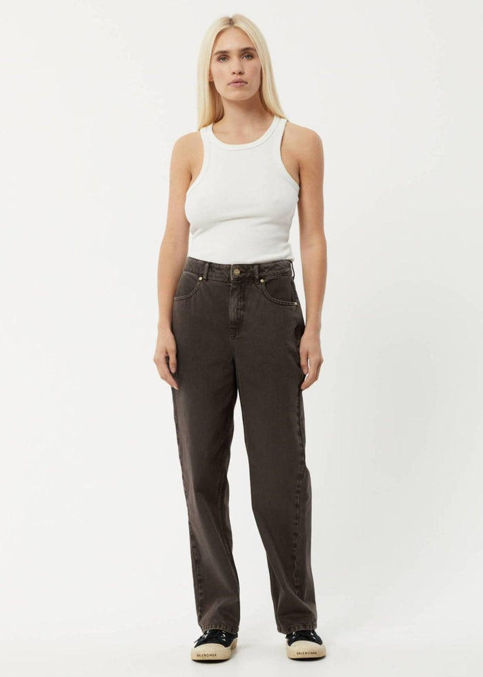 Afends Womens Shelby Long - Organic Denim Wide Leg Jeans - Faded Coffee - Streetwear - Sustainable Fashion