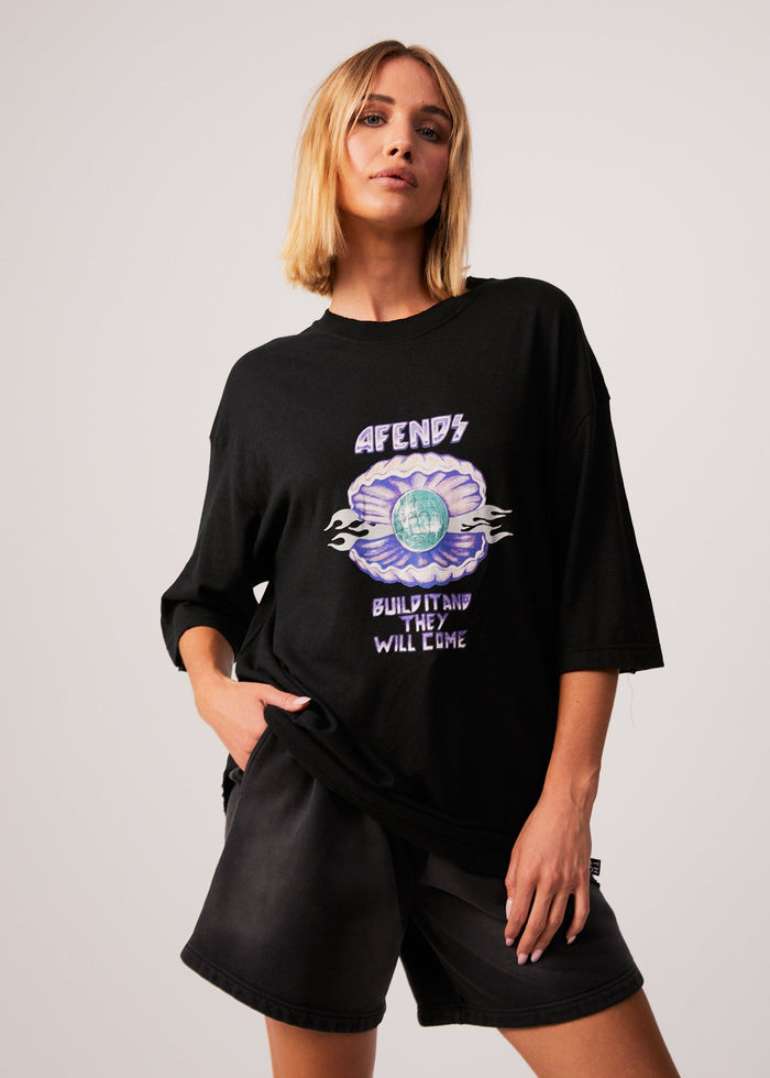 Afends Womens Shell - Hemp Oversized Graphic T-Shirt - Black - Streetwear - Sustainable Fashion