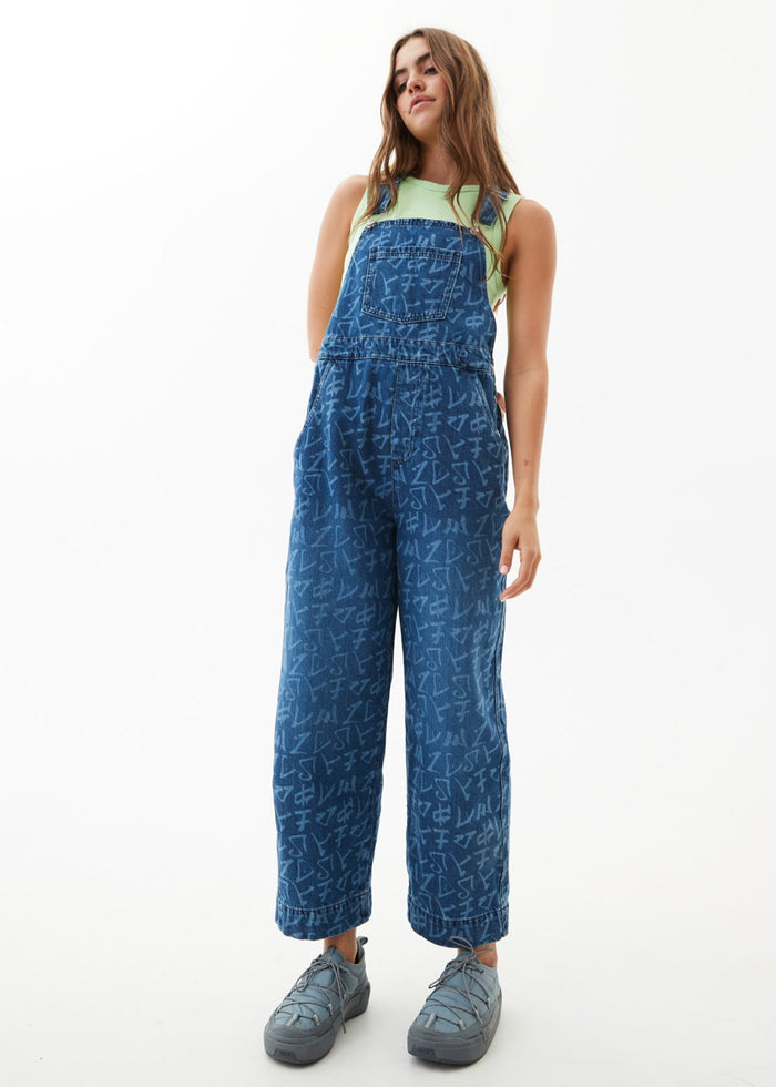 Afends Womens Tagged Louis - Hemp Denim Baggy Overalls - Graffiti Blue - Streetwear - Sustainable Fashion
