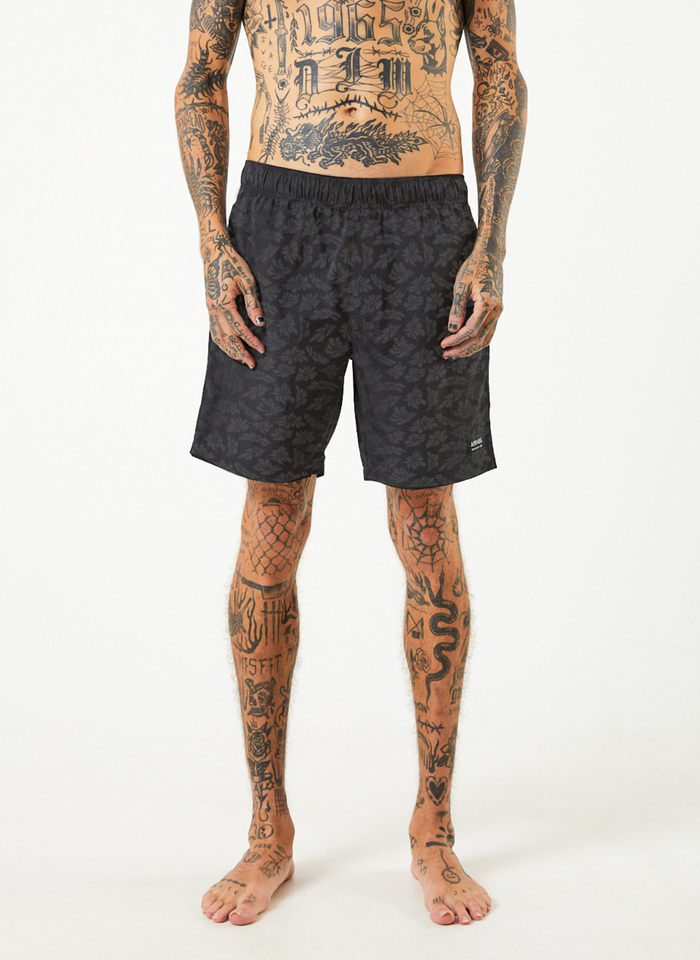 AFENDS Mens Baywatch Underworld - Elastic Waist Shorts - Black - Streetwear - Sustainable Fashion