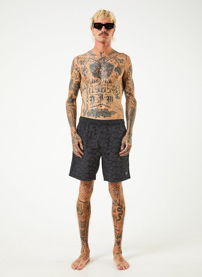 AFENDS Mens Baywatch Underworld - Elastic Waist Shorts - Black - Streetwear - Sustainable Fashion