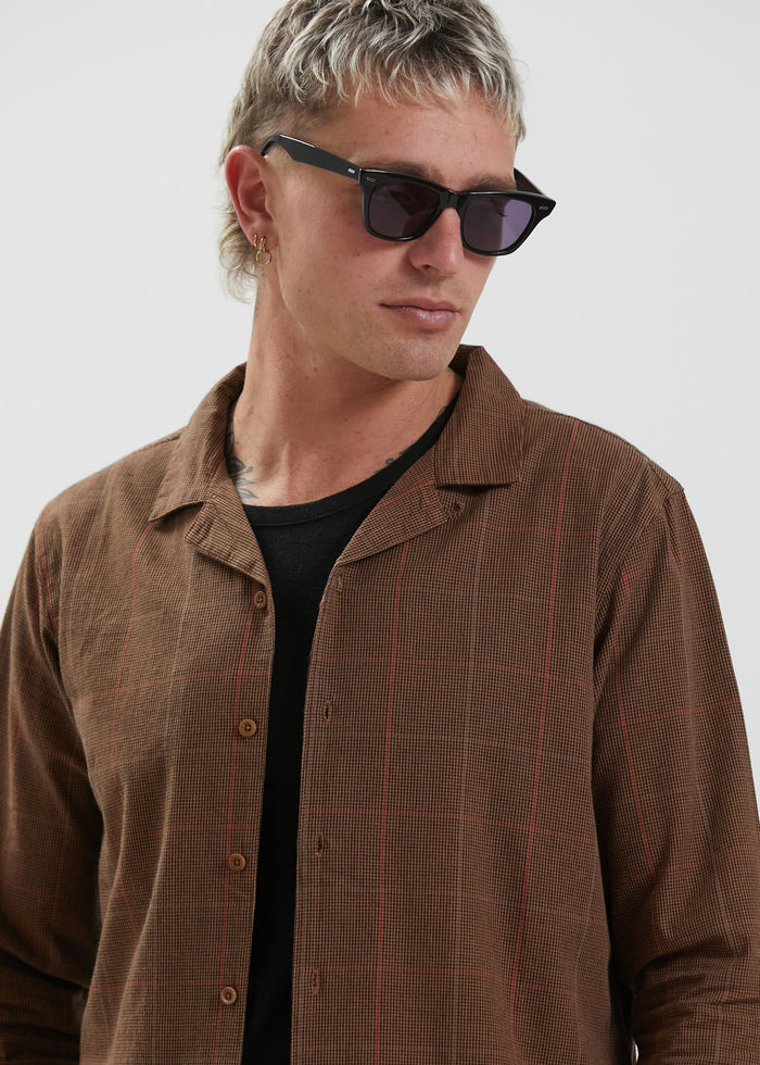 Afends Mens Simple Pleasures - Organic Check Long Sleeve Shirt - Camel - Streetwear - Sustainable Fashion