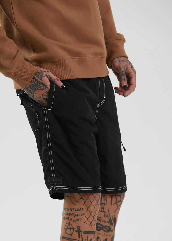 Afends Mens Baywatch Utility - Recycled Elastic Waist Shorts - Black - Streetwear - Sustainable Fashion