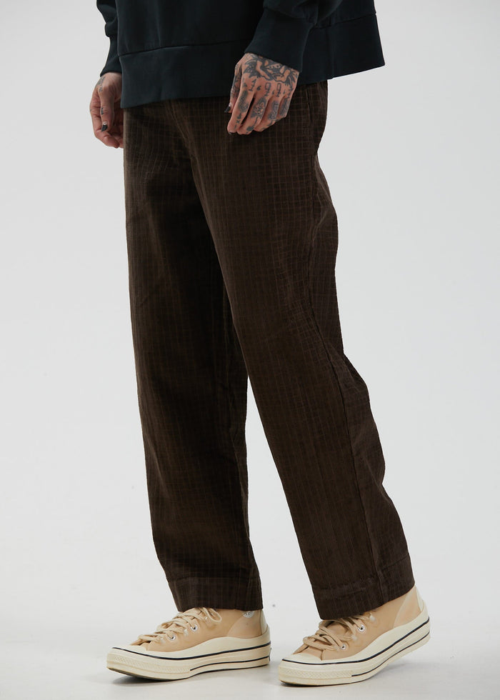 Afends Mens Couch Surfer - Hemp Check Corduroy Baggy Pants - Coffee - Streetwear - Sustainable Fashion