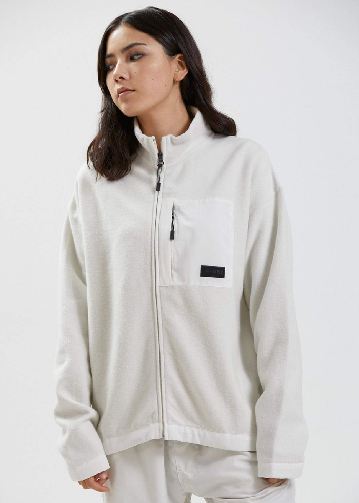 Afends Unisex Kelly - Unisex Recycled Zip Up Fleece - Off White - Streetwear - Sustainable Fashion