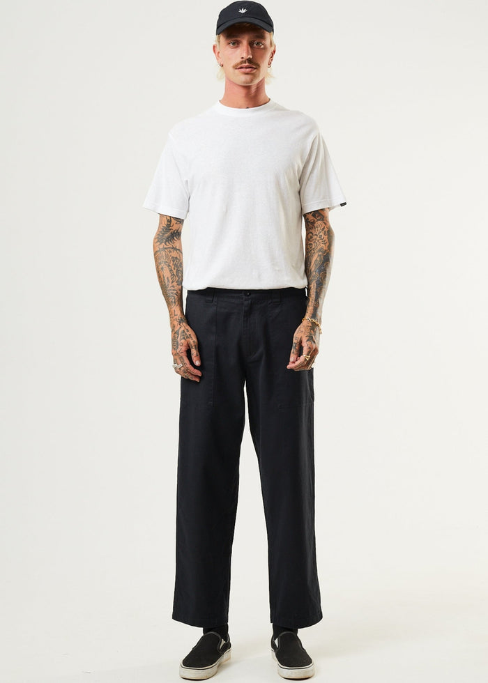 Afends Mens Chess Club - Hemp Relaxed Pants - Black - Streetwear - Sustainable Fashion