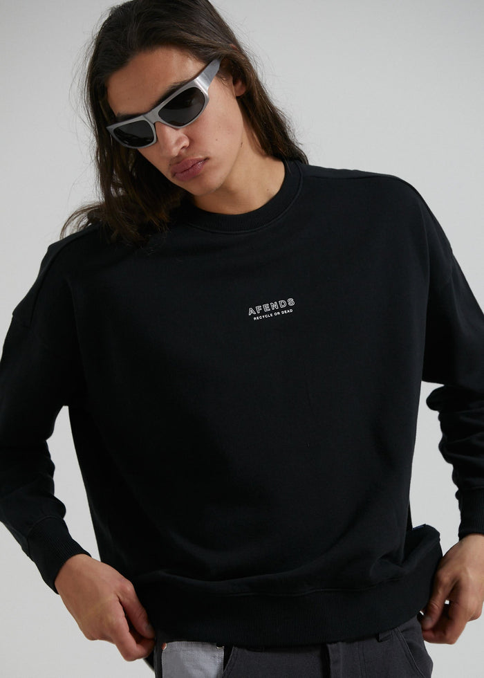 Afends Mens Credits - Recycled Crew Neck Jumper - Black - Streetwear - Sustainable Fashion