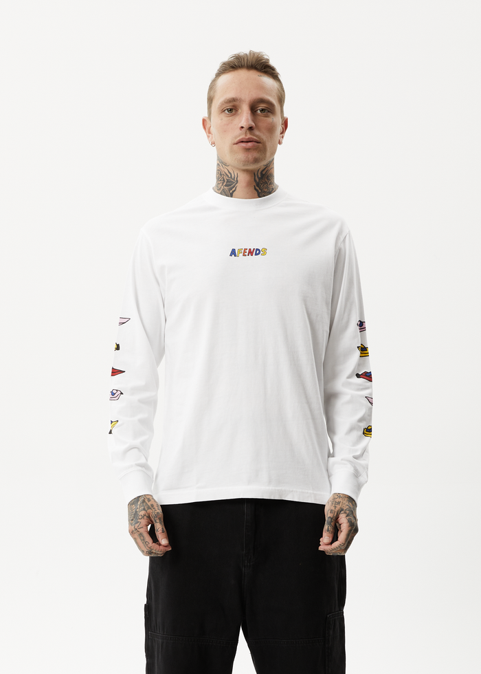 Afends Mens Wahzoo - Recycled Long Sleeve Graphic T-Shirt - White - Streetwear - Sustainable Fashion