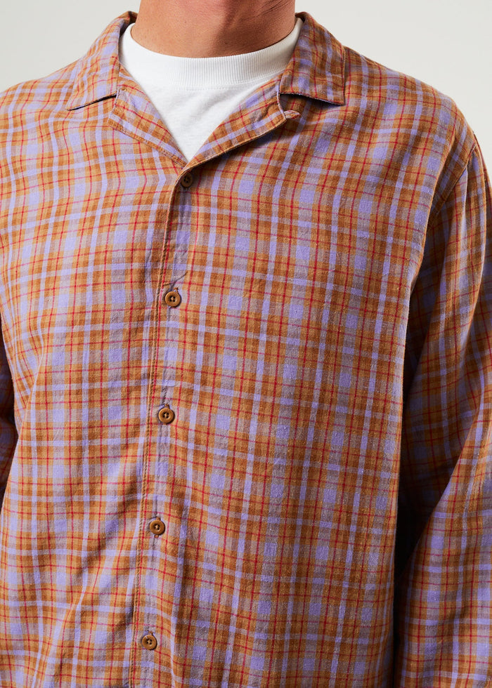 Afends Mens Colby - Hemp Check Cuban Long Sleeve Shirt - Plum - Streetwear - Sustainable Fashion