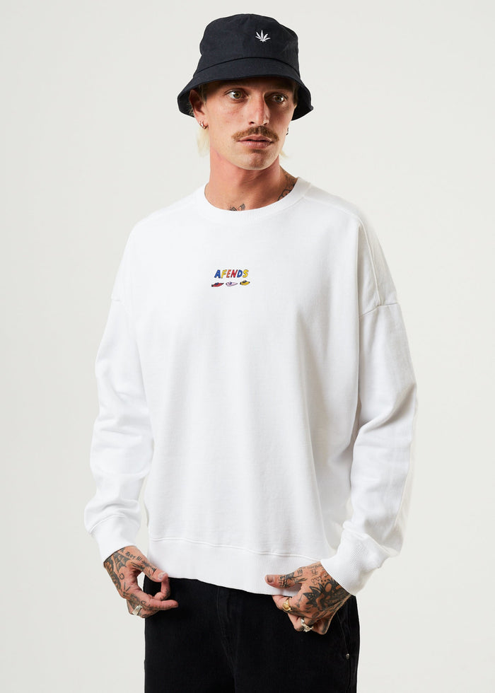 Afends Mens Wahzoo - Recycled Crew Neck Jumper - White - Streetwear - Sustainable Fashion