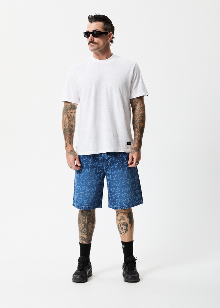Afends Mens Tagged Lil C - Hemp Denim Baggy Shorts - Graffiti Blue - Streetwear - Sustainable Fashion