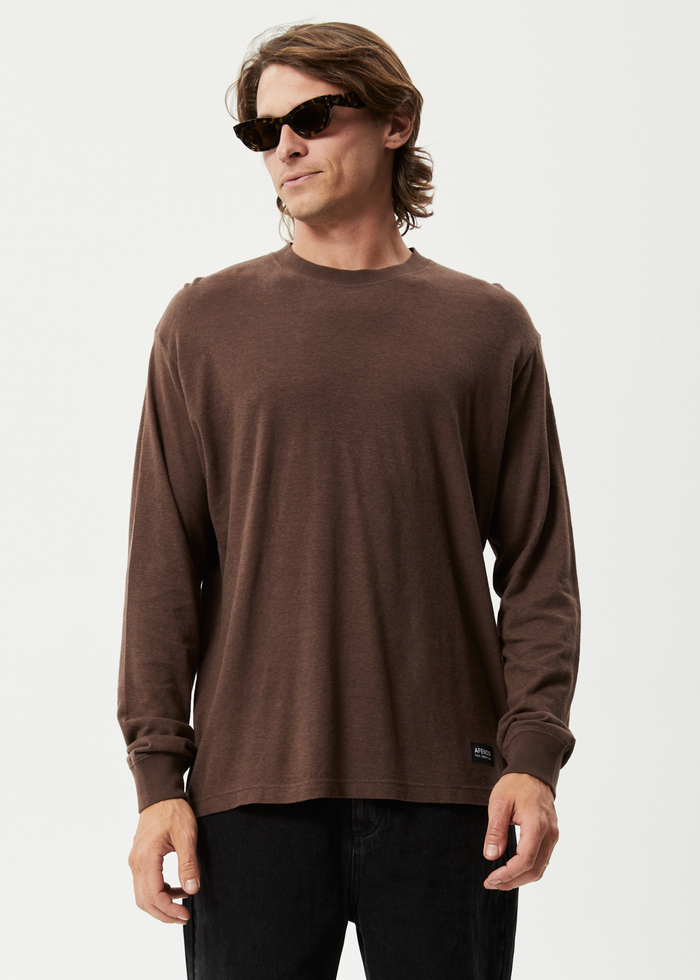 Afends Mens Essential - Hemp Retro Long Sleeve T-Shirt - Coffee - Streetwear - Sustainable Fashion
