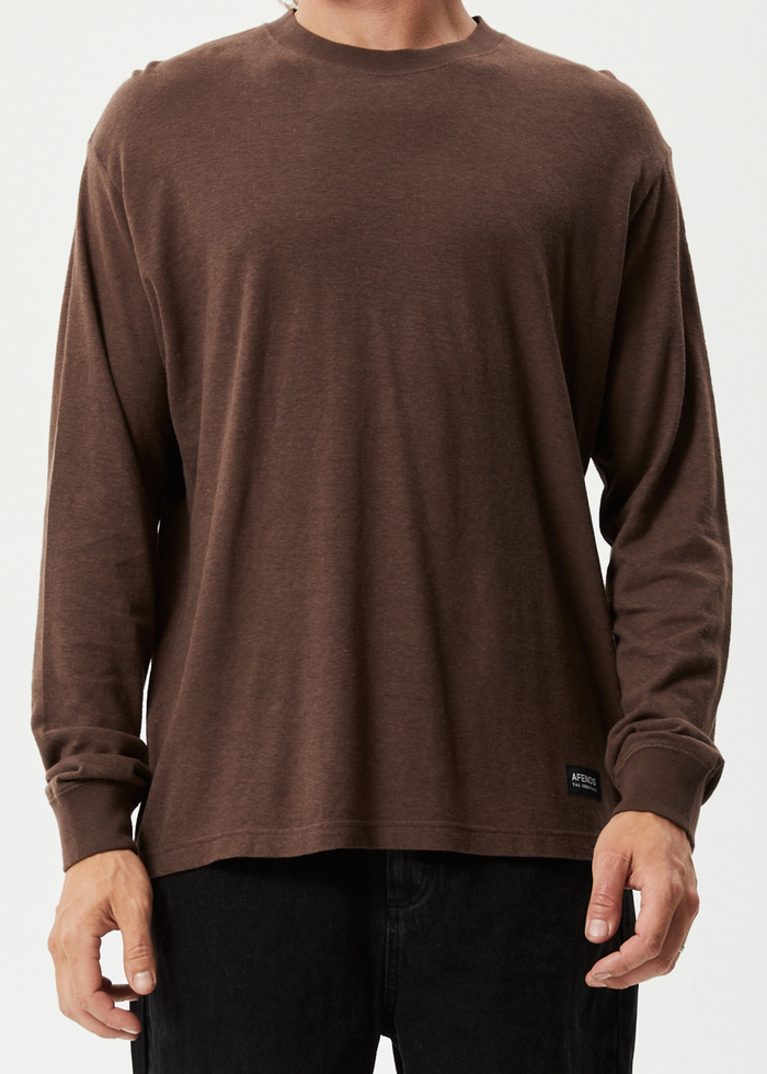 Afends Mens Essential - Hemp Retro Long Sleeve T-Shirt - Coffee - Streetwear - Sustainable Fashion