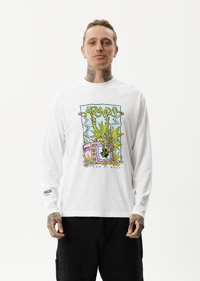 Afends Mens Take It Back - Hemp Long Sleeve Graphic T-Shirt - White - Streetwear - Sustainable Fashion