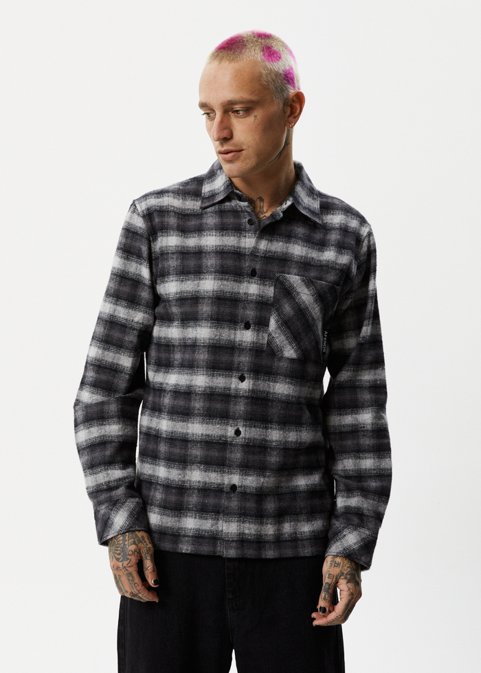 Afends Mens Nobody - Recycled Flannel Long Sleeve Shirt - Black - Streetwear - Sustainable Fashion