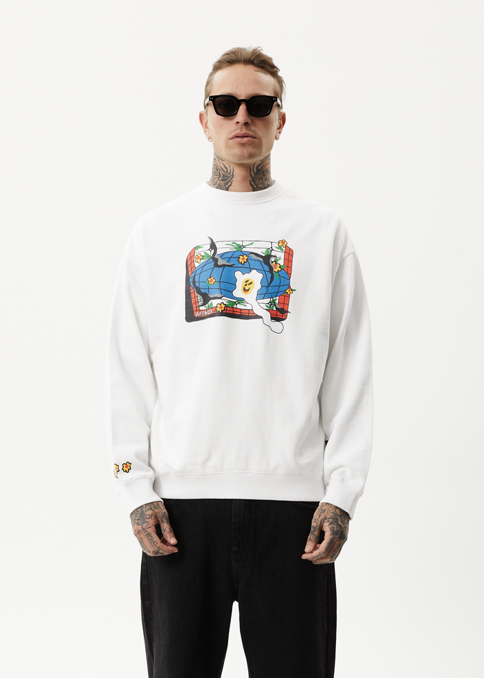 Afends Mens Globe - Recycled Crew Neck Graphic Jumper - White - Streetwear - Sustainable Fashion