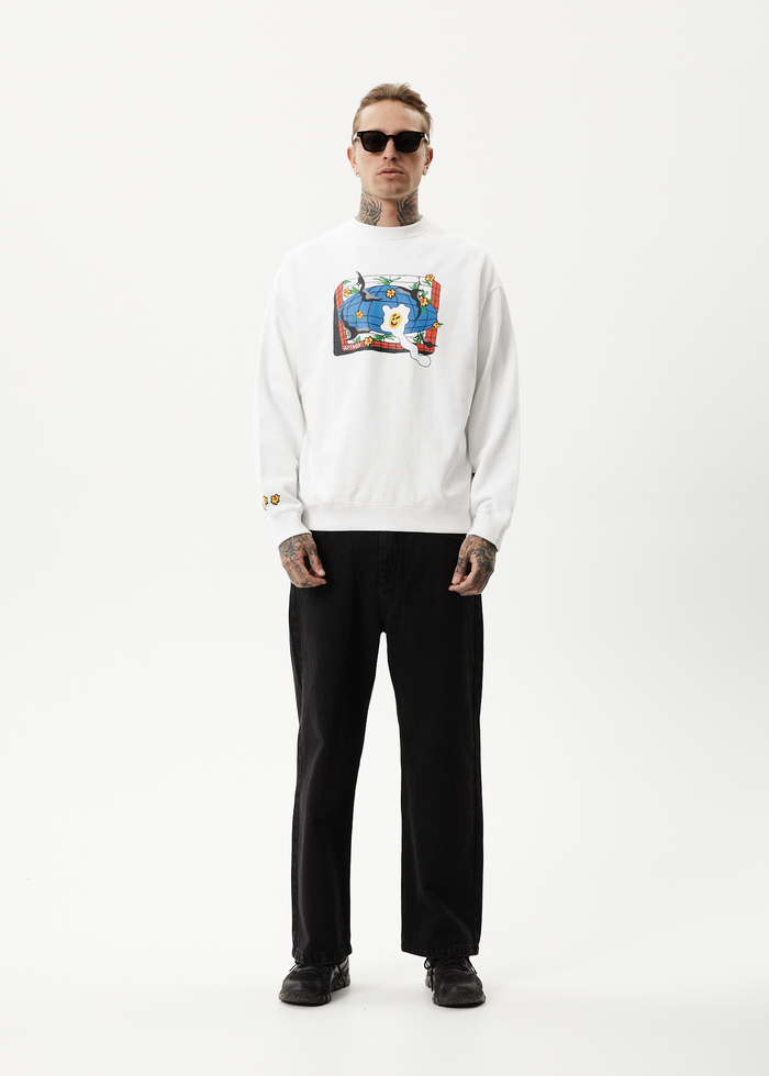 Afends Mens Globe - Recycled Crew Neck Graphic Jumper - White - Streetwear - Sustainable Fashion