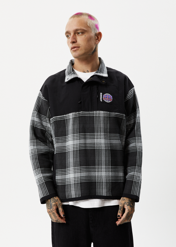 Afends Mens Nobody - Recycled Fleece Pullover - Black Check - Streetwear - Sustainable Fashion