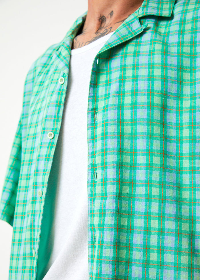 Afends Mens Meadows - Hemp Check Cuban Short Sleeve Shirt - Forest Check - Streetwear - Sustainable Fashion
