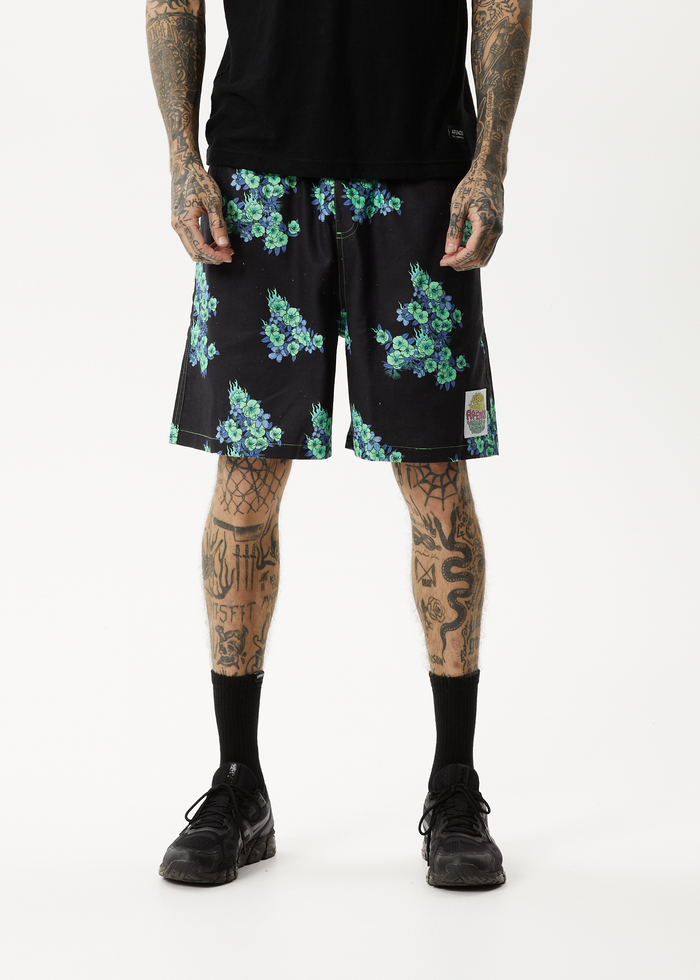 Afends Mens House Of Darwin - Hemp Oversized Shorts - Charcoal Floral - Streetwear - Sustainable Fashion
