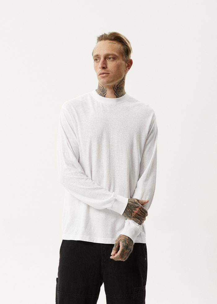 AFENDS Mens Essential - Hemp Long Sleeve T-Shirt - White - Streetwear - Sustainable Fashion
