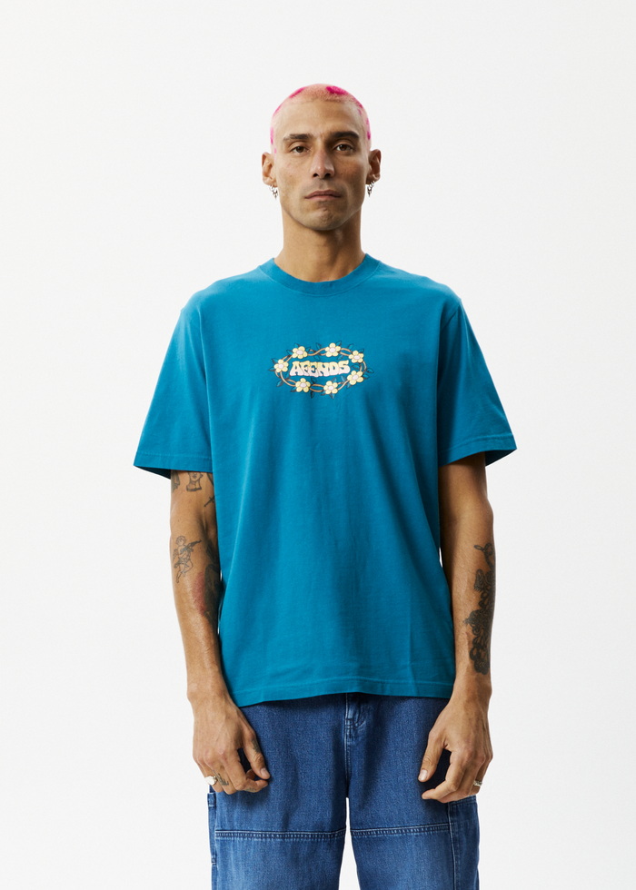 Afends Mens Bloom - Recycled Retro Graphic Logo T-Shirt - Azure - Streetwear - Sustainable Fashion