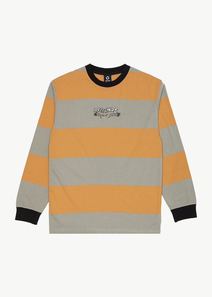 AFENDS Mens Space - Striped Long Sleeve Logo T-Shirt - Mustard Stripe - Streetwear - Sustainable Fashion