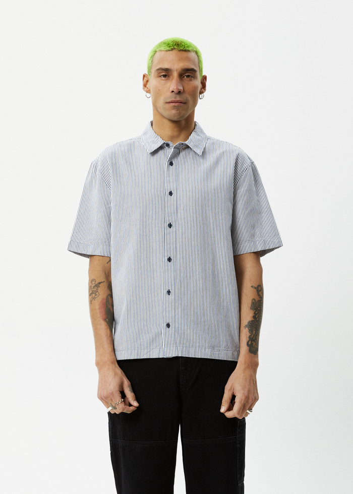 Afends Mens Intergalactic -  Short Sleeve Shirt - Navy Stripe - Streetwear - Sustainable Fashion