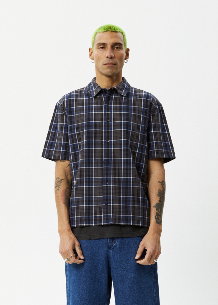 Afends Mens Check Out -  Short Sleeve Shirt - Navy Check - Streetwear - Sustainable Fashion