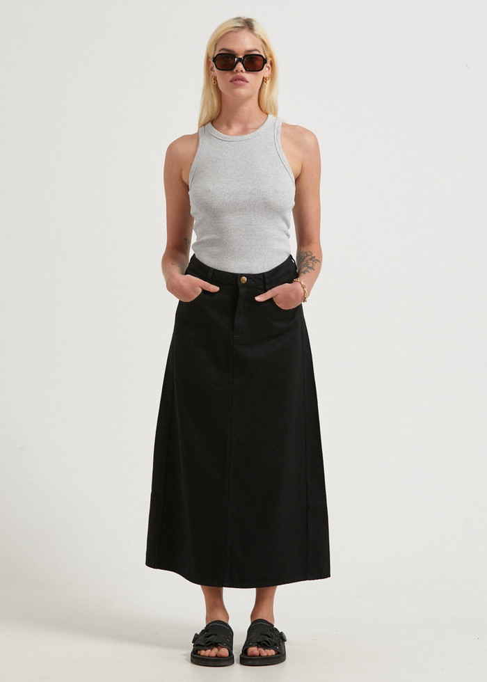 Afends Womens Nina - Hemp Twill High Rise Midi Skirt - Black - Streetwear - Sustainable Fashion
