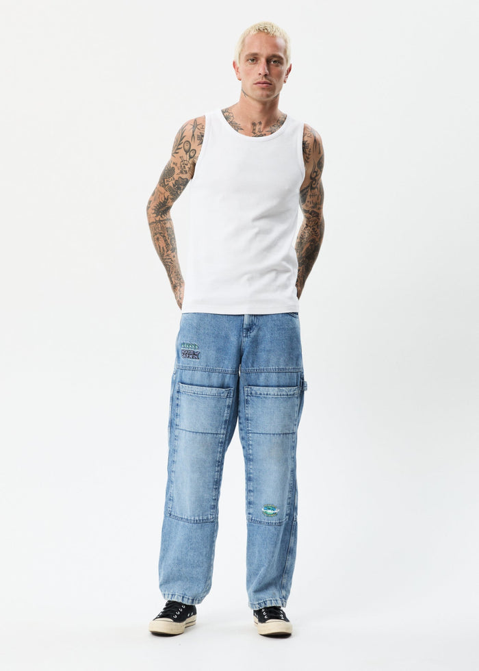 Afends Unisex House Of Darwin Moss - Unisex Hemp Denim Carpenter Jeans - Worn Blue - Streetwear - Sustainable Fashion