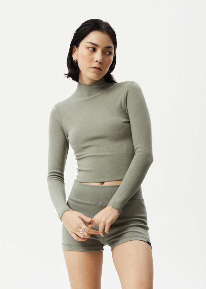 Afends Womens Iconic - Hemp Ribbed Long Sleeve Top - Olive - Streetwear - Sustainable Fashion