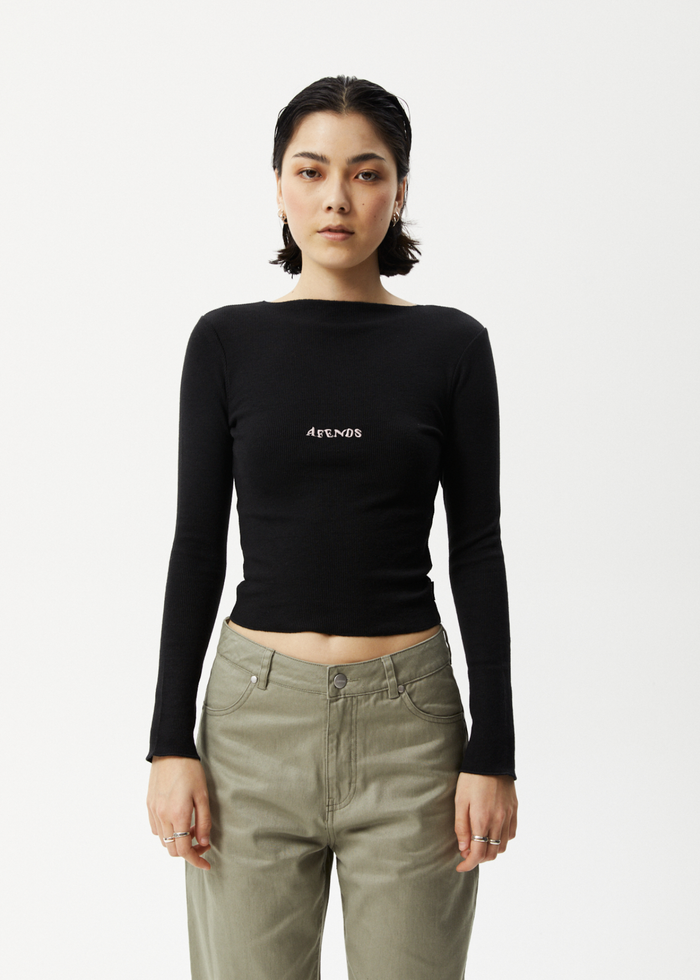 Afends Womens Day Dream Peony - Ribbed Long Sleeve Top - Black - Streetwear - Sustainable Fashion