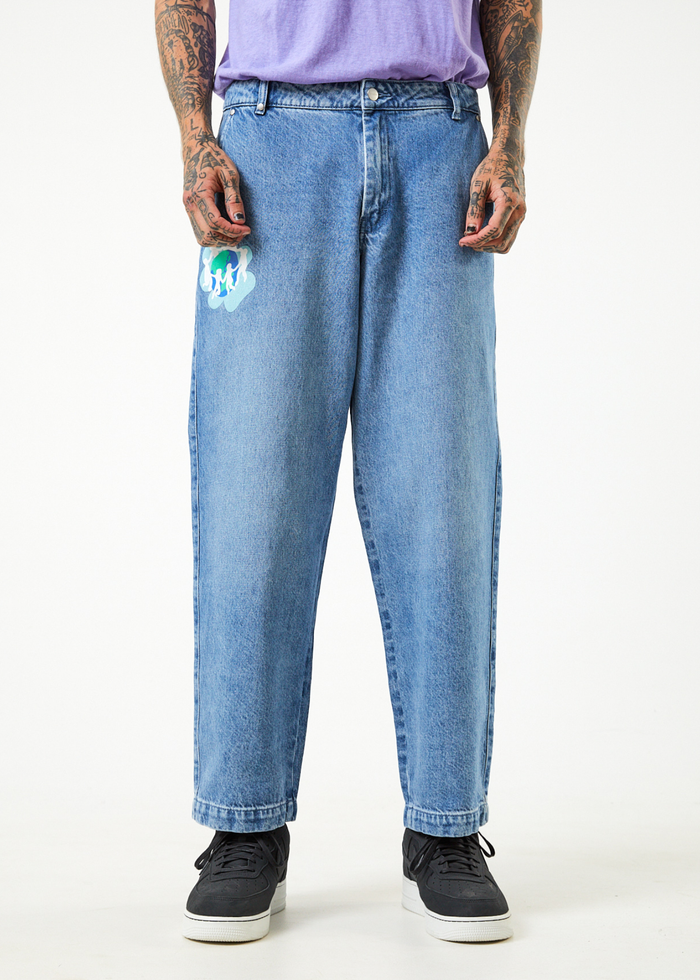 Afends Mens Cosmic Louie - Hemp Denim Wide Leg Jeans - Worn Blue - Streetwear - Sustainable Fashion