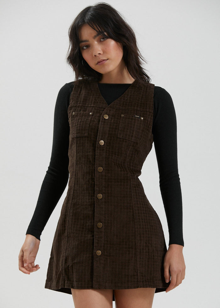 Afends Womens Kaia - Hemp Check Corduroy Mini Dress - Coffee - Streetwear - Sustainable Fashion